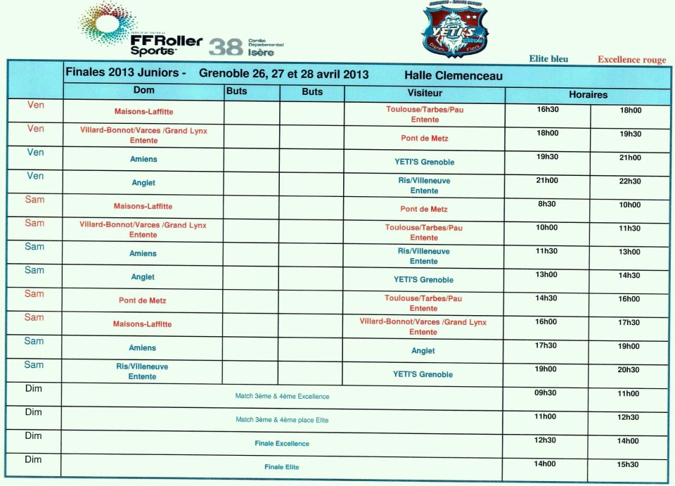 Planning des finales juniors roller hockey