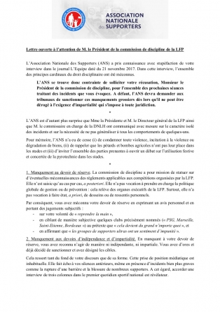 La lettre ouverte de l’ANS au président de la commission de discipline