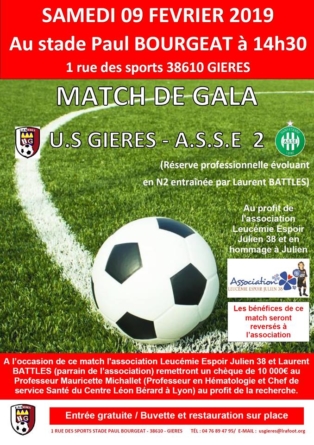 Le match de gala entre Gières et l’AS Saint-Etienne B se fera au profit de Leucémie Espoir Julien 38