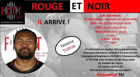 Taiasina Tuifu’a (FC Grenoble) rejoint Tournon-Tain